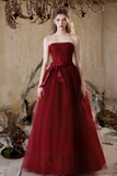 A Line Tulle Lace Burgundy Long Prom Dress, Burgundy Long Graduation Dress PFP2735