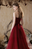 A Line Tulle Lace Burgundy Long Prom Dress, Burgundy Long Graduation Dress PFP2735