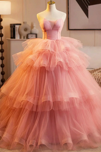 Pink Sweetheart Tulle Ball Gown Long Party Dress, Pink Tulle Prom Dress PFP2739