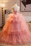 Pink Sweetheart Tulle Ball Gown Long Party Dress, Pink Tulle Prom Dress PFP2739