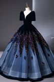 A Line V Neck Velvet Tulle Dark Blue Long Prom Dress, Long Evening Dress PFP2743