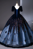 A Line V Neck Velvet Tulle Dark Blue Long Prom Dress, Long Evening Dress PFP2743