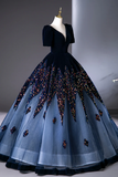 A Line V Neck Velvet Tulle Dark Blue Long Prom Dress, Long Evening Dress PFP2743