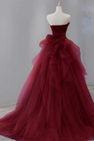 Wine Red Satin and Tulle Long Party Dress, Strapless Formal Dress PFP2744