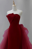 Wine Red Satin and Tulle Long Party Dress, Strapless Formal Dress PFP2744