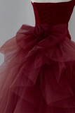 Wine Red Satin and Tulle Long Party Dress, Strapless Formal Dress PFP2744