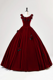 Burgundy Velvet Floor Length Prom Dress, A Line Evening Party Dress with Flowers PFP2746