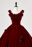 Burgundy Velvet Floor Length Prom Dress, A Line Evening Party Dress with Flowers PFP2746