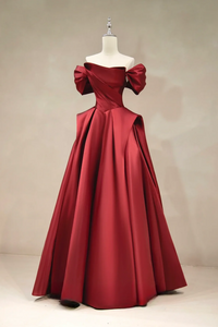 A Line Off Shoulder Satin Burgundy Long Prom Dress, Burgundy Long Formal Dress PFP2747