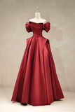 A Line Off Shoulder Satin Burgundy Long Prom Dress, Burgundy Long Formal Dress PFP2747