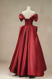 A Line Off Shoulder Satin Burgundy Long Prom Dress, Burgundy Long Formal Dress PFP2747