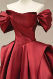 A Line Off Shoulder Satin Burgundy Long Prom Dress, Burgundy Long Formal Dress PFP2747