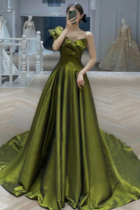 Dark Green One Shoulder Satin Floor Length Party Dress, Dark Green Prom Dress PFP2748