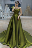 Dark Green One Shoulder Satin Floor Length Party Dress, Dark Green Prom Dress PFP2748