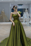 Dark Green One Shoulder Satin Floor Length Party Dress, Dark Green Prom Dress PFP2748