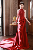 Wine Red Lace and Satin Halter Mermaid Long Party Dress, Wine Red Prom Dress PFP2749