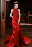 Wine Red Lace and Satin Halter Mermaid Long Party Dress, Wine Red Prom Dress PFP2749