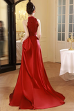 Wine Red Lace and Satin Halter Mermaid Long Party Dress, Wine Red Prom Dress PFP2749