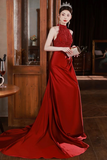 Wine Red Lace and Satin Halter Mermaid Long Party Dress, Wine Red Prom Dress PFP2749