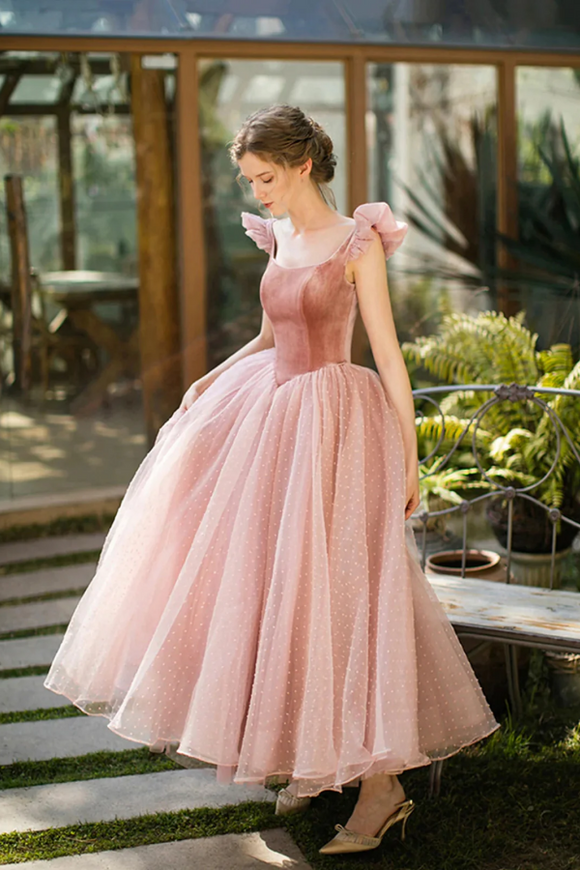 Pink Tulle and Velvet Tea Length Wedding Party Dress, Pink Formal Dress PFP2750