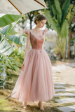 Pink Tulle and Velvet Tea Length Wedding Party Dress, Pink Formal Dress PFP2750