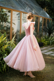 Pink Tulle and Velvet Tea Length Wedding Party Dress, Pink Formal Dress PFP2750