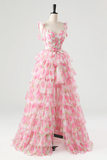 Pink Fairy Flower Patterns Long Prom Dress, Beautiful A Line Evening Party Dress PFP2751