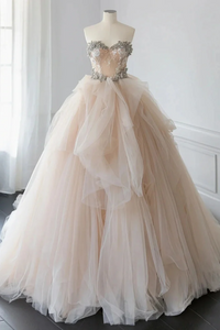 Champagne Strapless Ball Gown With Floral Embellished Bodice, Tulle Wedding Party Dress PFP2752