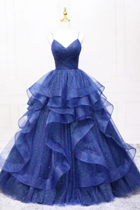 Navy Blue Tulle Long Prom Dress, A Line Spaghetti Strap Evening Gown PFP2753