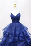 Navy Blue Tulle Long Prom Dress, A Line Spaghetti Strap Evening Gown PFP2753