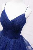 Navy Blue Tulle Long Prom Dress, A Line Spaghetti Strap Evening Gown PFP2753