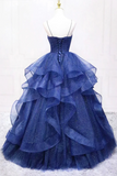 Navy Blue Tulle Long Prom Dress, A Line Spaghetti Strap Evening Gown PFP2753