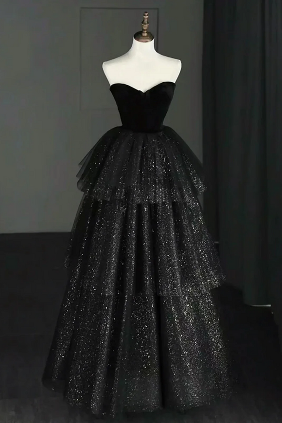 Black Sweetheart Tulle and Velvet Layers Prom Dress, Floor Length Party Dress PFP2754