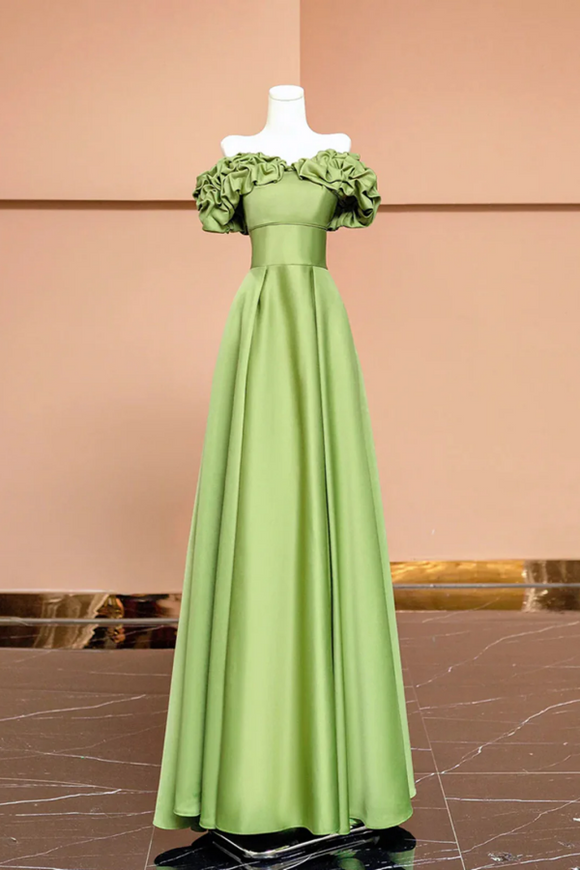 A Line Green Satin Off Shoulder Party Dress, Green Satin Prom Dress PFP2755