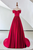 A Line Off Shoulder Satin Red Long Prom Dress, Satin Long Formal Dress PFP2756