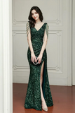 Green Sequins Floor Length Prom Dress, V Neck Evening Party Dress PFP2757