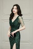 Green Sequins Floor Length Prom Dress, V Neck Evening Party Dress PFP2757