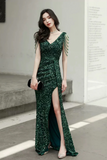 Green Sequins Floor Length Prom Dress, V Neck Evening Party Dress PFP2757