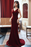 Wine Red Velvet Mermaid V Neckline Party Dress, Wine Red Long Prom Dress PFP2758