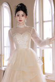 Champagne Tulle Lace Long Prom Dress, Beautiful Long Sleeve Evening Party Dress PFP2760