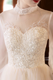 Champagne Tulle Lace Long Prom Dress, Beautiful Long Sleeve Evening Party Dress PFP2760