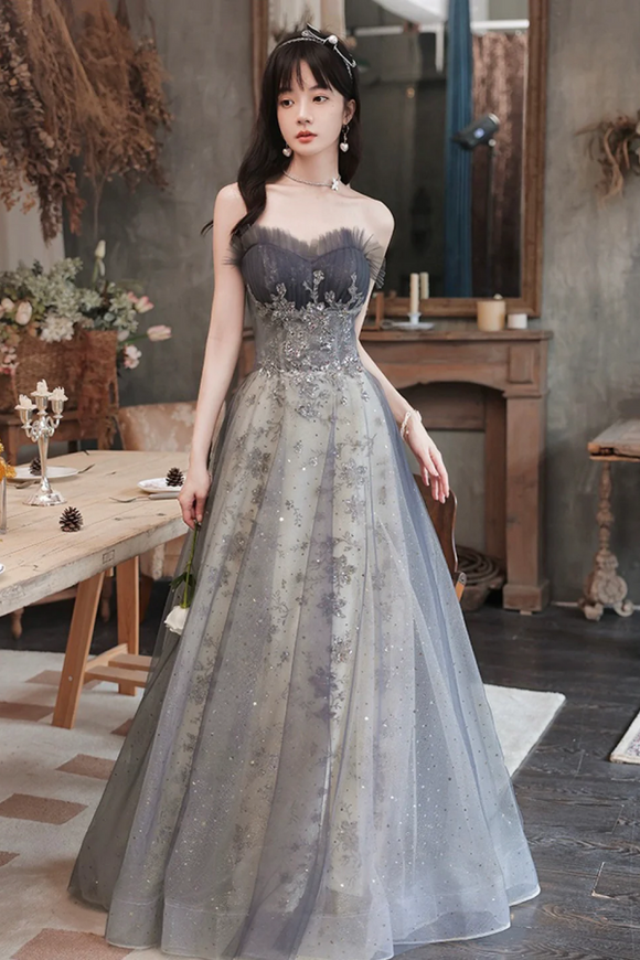 Gray Tulle Sequins Long Prom Dress, Lovely A Line Evening Party Dress PFP2762