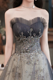 Gray Tulle Sequins Long Prom Dress, Lovely A Line Evening Party Dress PFP2762