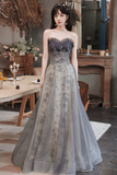 Gray Tulle Sequins Long Prom Dress, Lovely A Line Evening Party Dress PFP2762