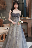 Gray Tulle Sequins Long Prom Dress, Lovely A Line Evening Party Dress PFP2762