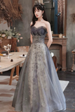 Gray Tulle Sequins Long Prom Dress, Lovely A Line Evening Party Dress PFP2762