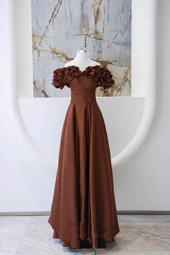 Brown Satin Off Shoulder A Line Prom Dress, Evening Dress Formal Dress PFP2766