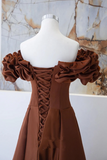 Brown Satin Off Shoulder A Line Prom Dress, Evening Dress Formal Dress PFP2766