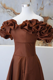 Brown Satin Off Shoulder A Line Prom Dress, Evening Dress Formal Dress PFP2766