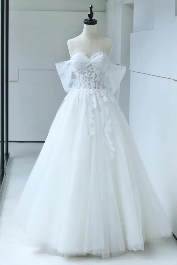 Off the Shoulder White Lace Wedding Dresses, White Lace Bridal Dresses PFW0650